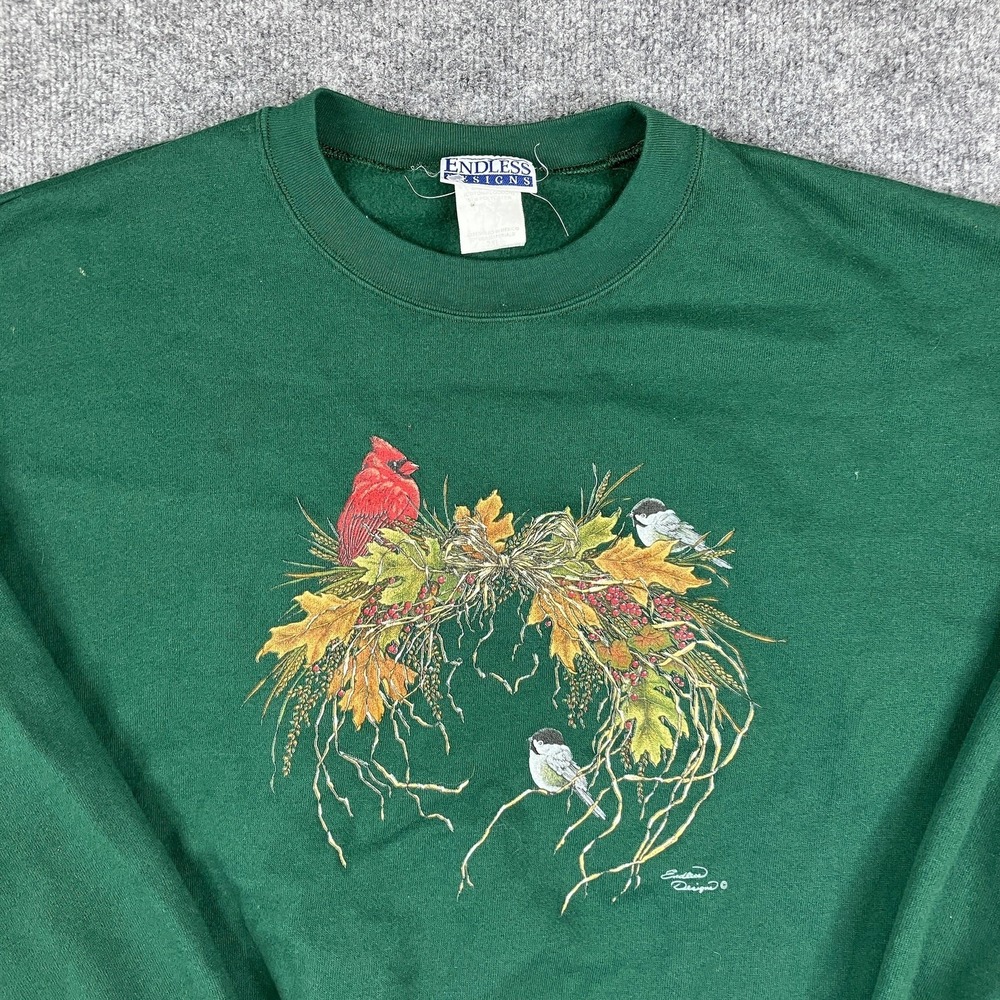 Endless Designs Sweatshirt Mens 2XL Green Fall Wreath‎ Bird Graphic Crewneck Vtg